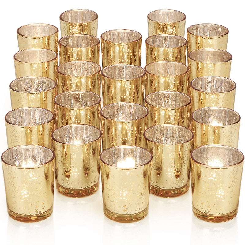 DARJEN Gold Tea Lights Candles Holders for Wedding Centerpieces, Votive Candle Holders for Party Home Wedding Shower Decorations, Table - Mercury Glass Votives, 24Pcs - Image 1